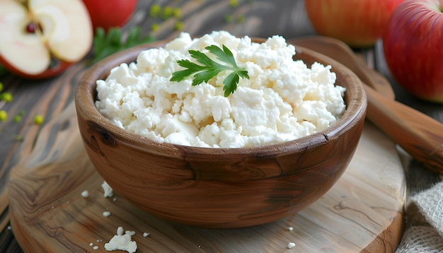 Cottage cheese with apples for breakfast in wooden bowl close up