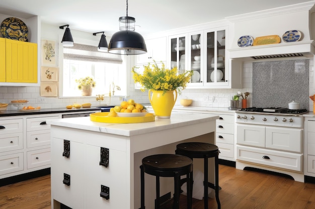 A cottage kitchen featuring white cabinetry yellow accents and black details