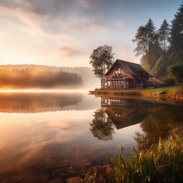 Cottage near large lake in forest area generative ai