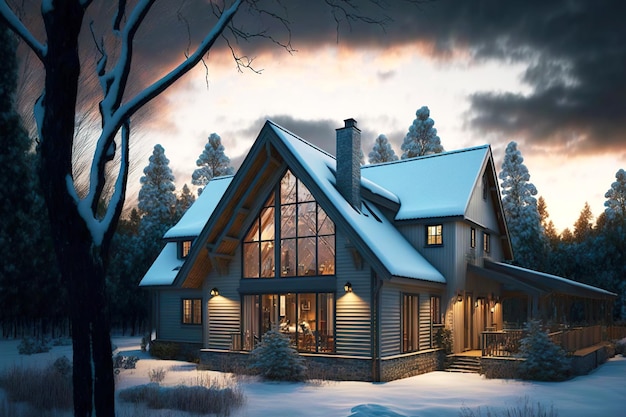 Cottage with roof pipe and panoramic windows in snow in winter scandinavian style house exterior