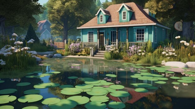 A cottage with a teal exterior and a tranquil pond AI generated