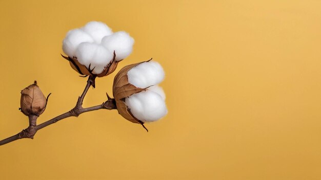 Photo cotton balls hanging from a branch with a yellow background