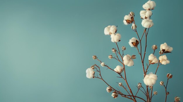 Photo cotton branch displayed against light blue backdrop in simple natural setting