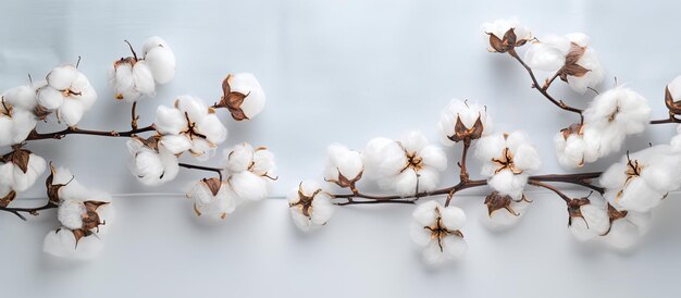 Cotton Branch On White Background Delicate White Cotton Flowers Light Cotton Background Flat