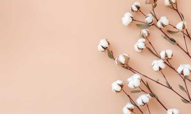 Photo cotton branch with white bolls and green lives in the light brown background