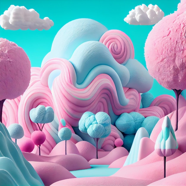 Cotton candy landscape blue and pink 3D rendering fairy land