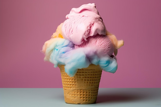 Cotton candy with ice cream rainbow on top