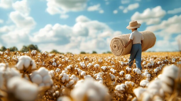 Photo cotton field autumn harvest little man pushing two huge rolled up face towels walking in the harv