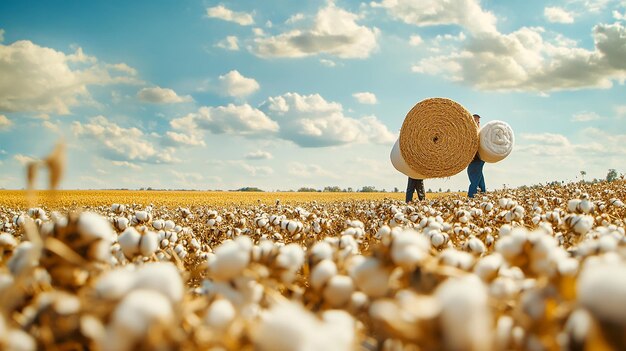 Cotton field autumn harvest little man pushing two huge rolled up face towels walking in the harv