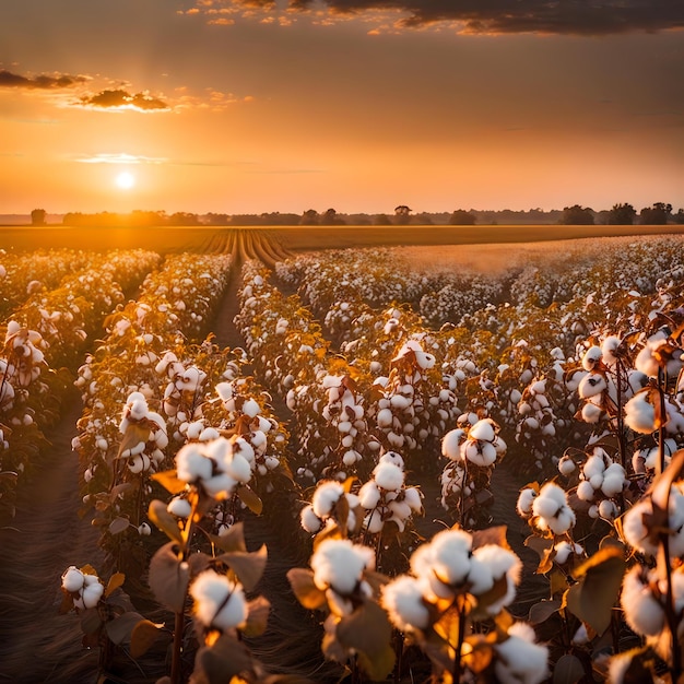 Cotton Field Under Golden Sunset Sky