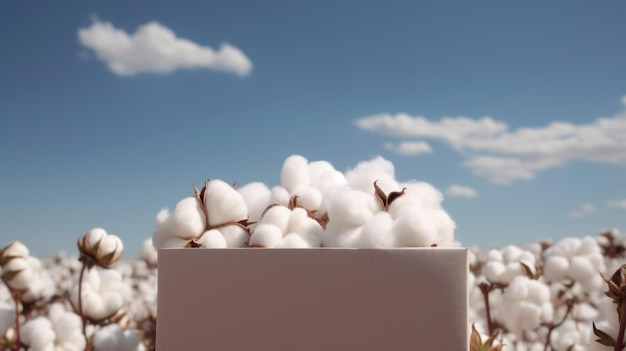 Cotton field plantation closeup of a box of highquality cotton against a blue sky