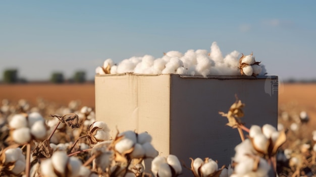 Cotton field plantation closeup of a box of highquality cotton against a blue sky