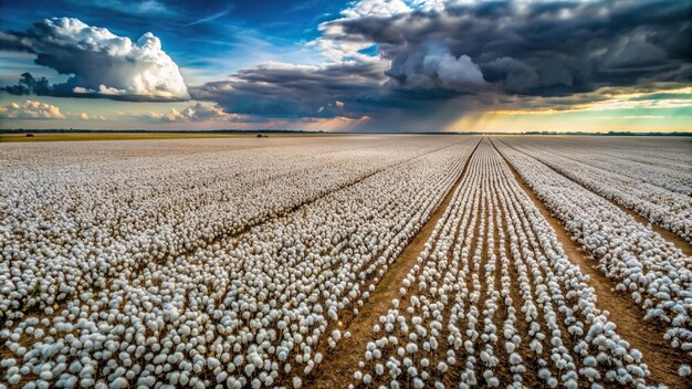 Photo cotton field ready for harvesting with cloudy sky at the background aerial scenic view farm overhead view crop farm field harvest rural scenecotton plantation cloudy aerial