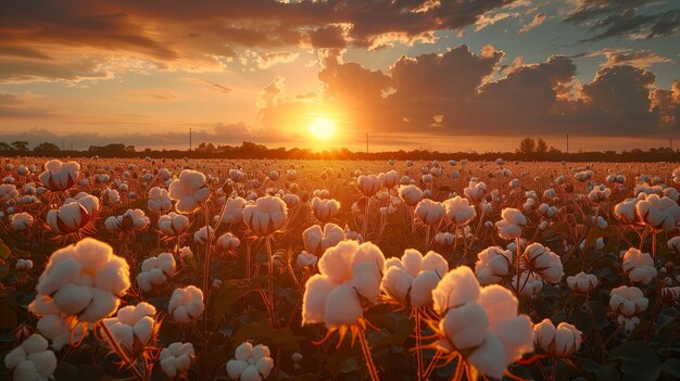 Photo cotton field sunset in golden hour