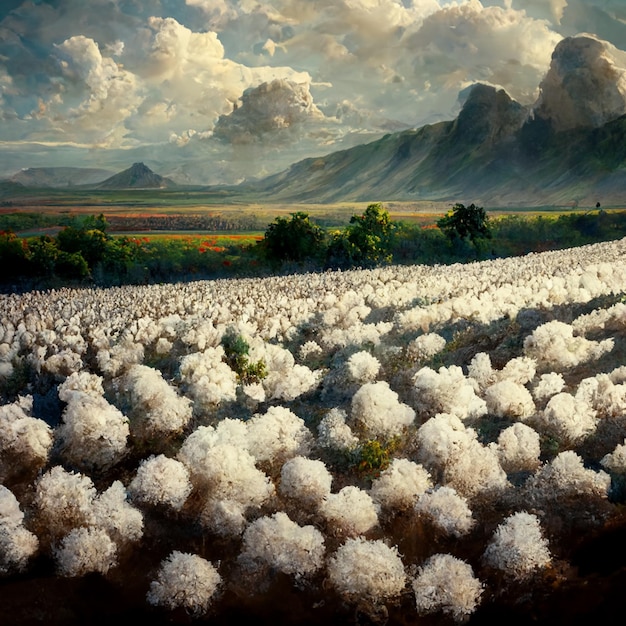 Cotton fields ready for harvesting snow mountains and clouds