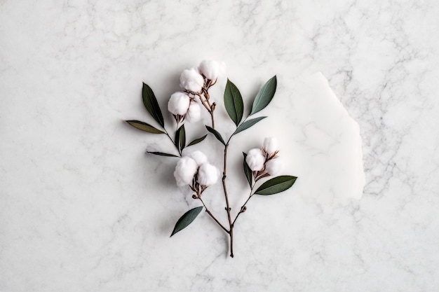 Cotton flower branch on white marble background Illustration AI Generative