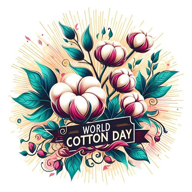 Photo cotton flowers and branches illustration for world cotton day ai generative