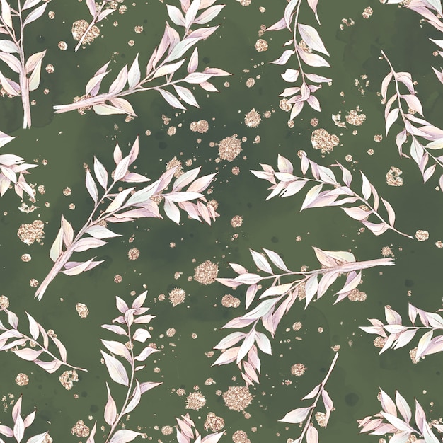 Cotton flowers seamless pattern and branches. Watercolor illustration.