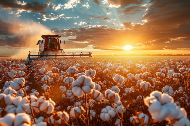 Cotton harvest with a harvester machine at sunset