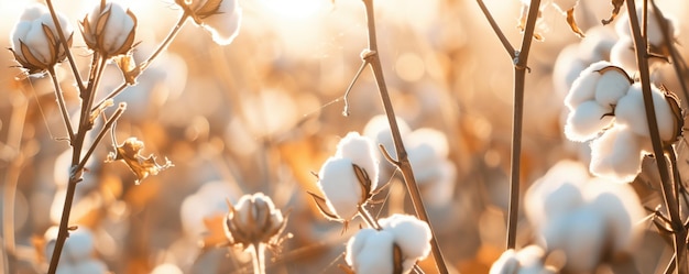 Cotton plants bathed in golden light with fluffy cotton bolls ready for harvest