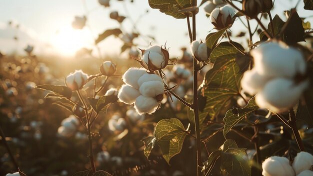 Photo cotton plants glowing under the sun in a field at sunset concept of cotton farming agriculture rural life harvest season