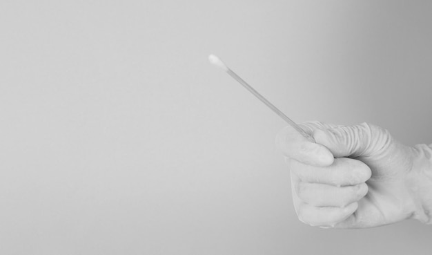 Cotton stick for swab test in hand with white latex glove on pink background