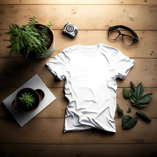 Cotton Tshirt mockup on wooden background Generative AI illustration