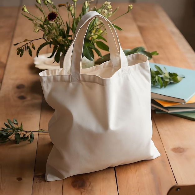 Cotton white plain tote bag ith blank front realistic on a mockup template in a wooden table