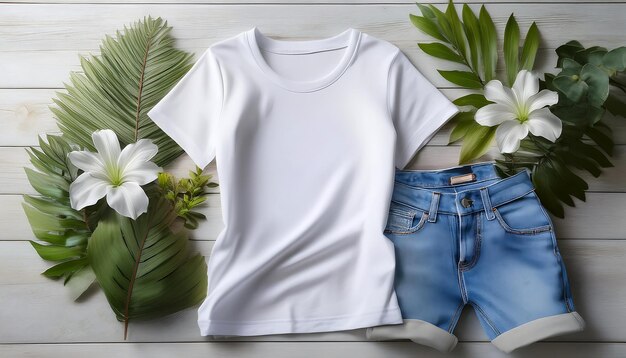 Photo cotton womens tshirt mockup on a wooden table with tropical leaves and flowers for summer outfit styling generative ai