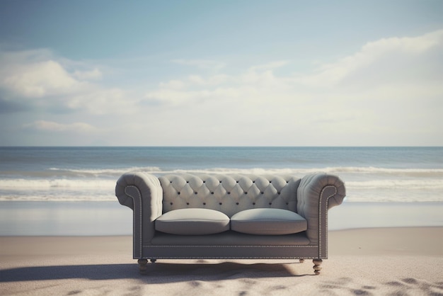 A couch on the beach in front of the ocean generative ai