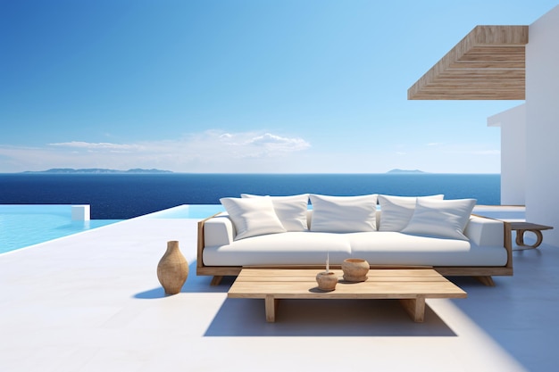 a couch and coffee table on a patio overlooking the ocean