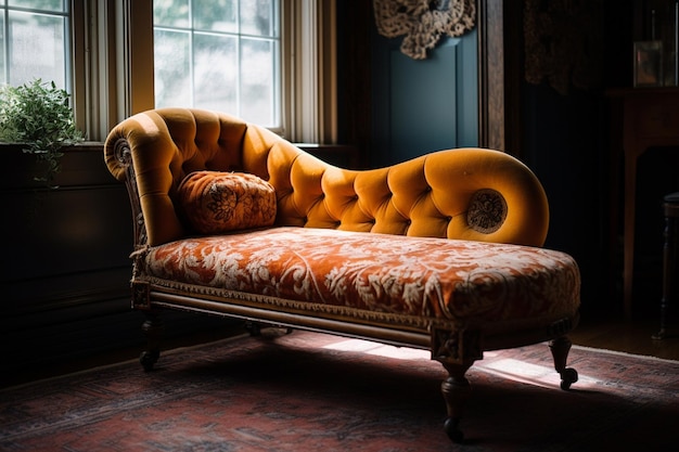 A couch in a dark room with a gold velvet sofa and a red wall.