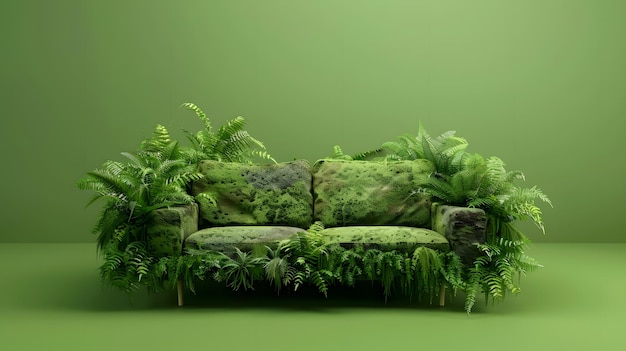 Couch furniture made of living plants on green background