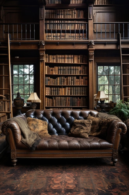 a couch in a library