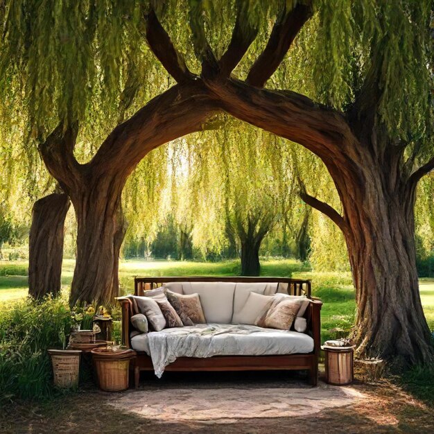 Photo a couch under a tree with a blanket on it