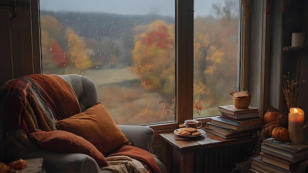 a couch with a blanket on it and a coffee cup on the table