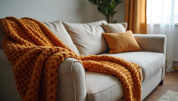 Photo a couch with a blanket on it and a couch with a plant in the corner