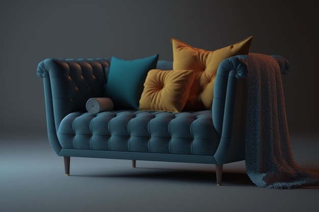 A couch with a blue leather sofa and a blue blanket.