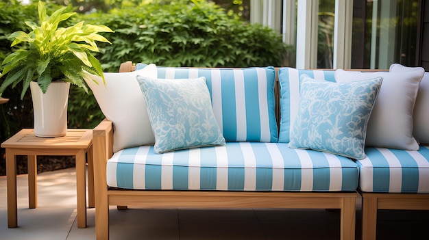 a couch with blue and white pillows on it and a white pillow on the bench