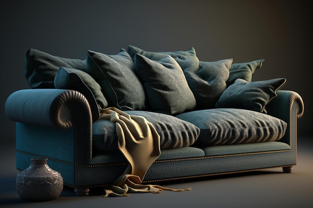 A couch with a bunch of pillows and a lamp on it