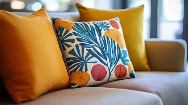 Photo a couch with a colorful pillow that has palm trees on it