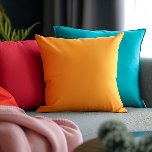 a couch with a colorful pillow that says quot the word quot on it