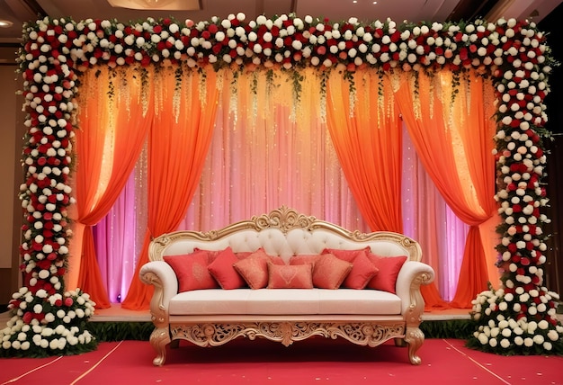 a couch with a floral garland on it and a red curtain with flowers on it