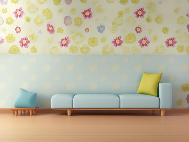 a couch with a flowered wallpaper with a flowered wallpaper