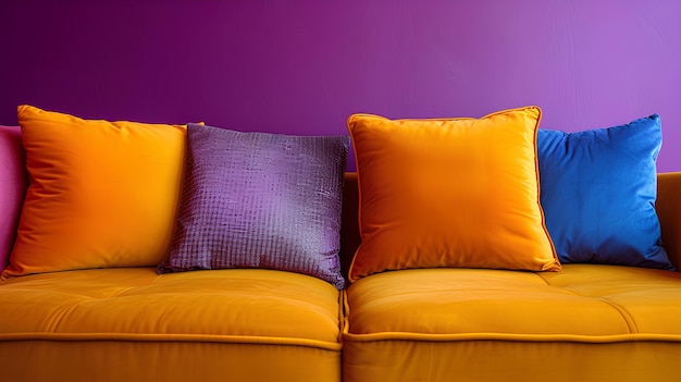 A couch with four different colored pillows on