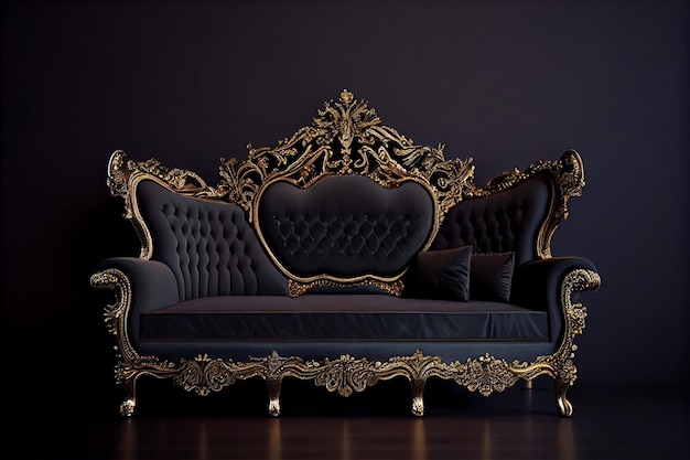 A couch with a gold frame and a blue seat with a gold scroll design.