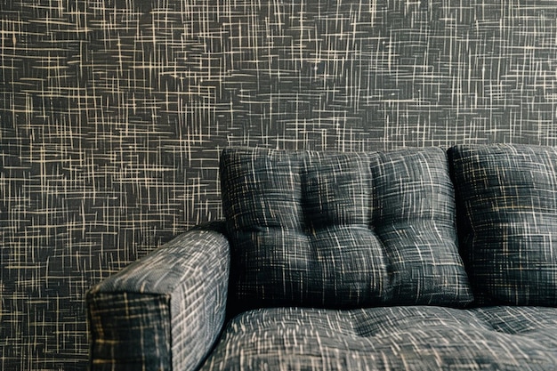 a couch with a gray and black pattern