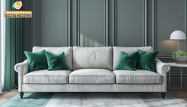 Photo a couch with green pillows on it and a gray wall behind it