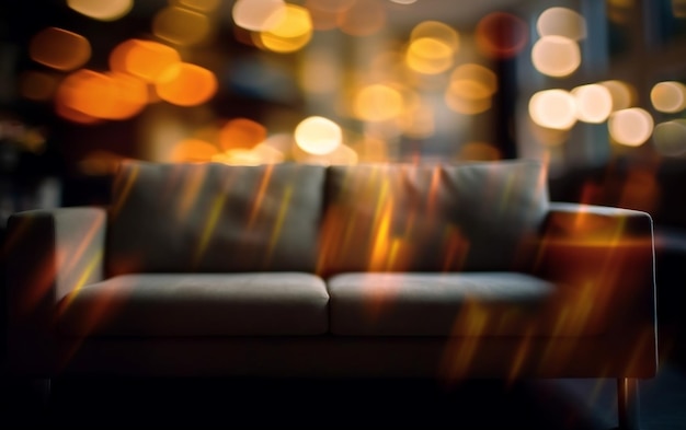 A couch with lights on the background and a blurry image of a person's arm.