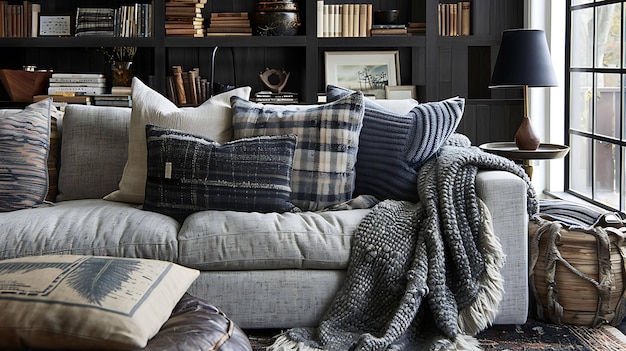 a couch with a lot of pillows on it and a book on the top